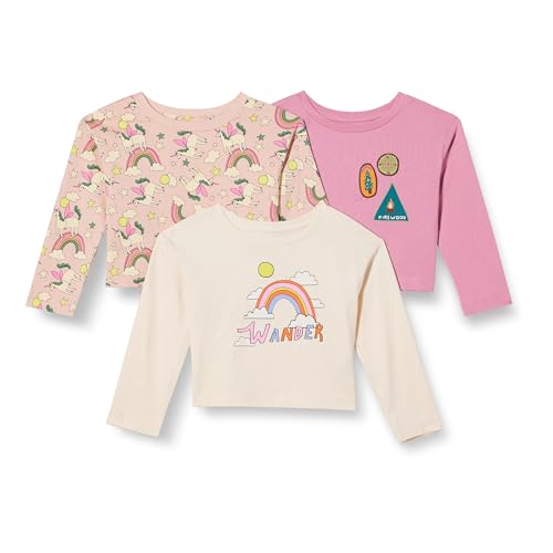 Amazon Essentials Girls' Long Sleeve Cotton T-Shirts, Pack of 3, Badges/Unicorn…