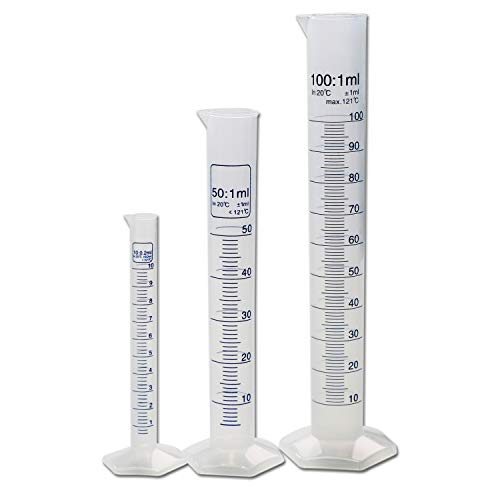 ULAB Scientific Plastic Measuring Cylinder Set, 3 Sizes 10ml 50ml 100ml, PP Material Hexagonal Base, Blue Printed Graduation, UMC1003