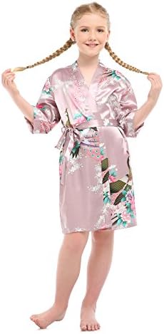 Girls'Peacock Satin Kimono Flower Robe For Spa Party Wedding Birthday(8,Mauve)