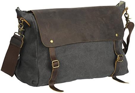 Wonder Youth Canvas Messenger Bag Leather Shoulder Bag Book bag for Man and Women – Grey-L