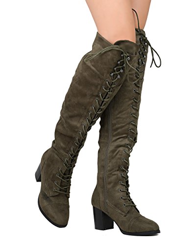 Womens Thigh High Boots Lace up Combat Boots Chunky Heel Over the Knee Riding Boots Olive 9