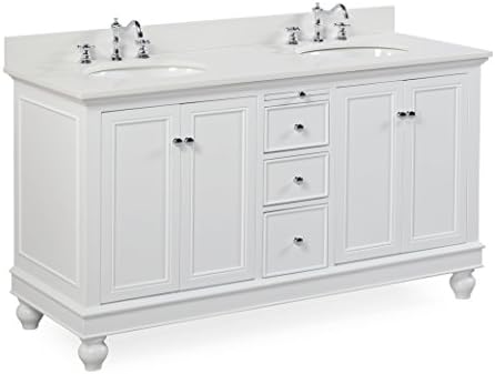 Bella 60-inch Double Bathroom Vanity (Quartz/White): Includes a White Cabinet, Quartz Countertop, Soft Close Drawers and Doors, and Ceramic Sinks