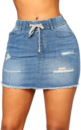 ROLYPOBI Skirts For Women Elastic High Waist Pockets Skinny Denim Hole Mini Short Pencil Skirt