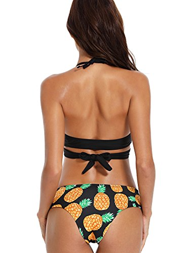 SOLYHUX Women's Floral Halter Wrap Knotted Back Bikini Set Black M - Thumbnail 3