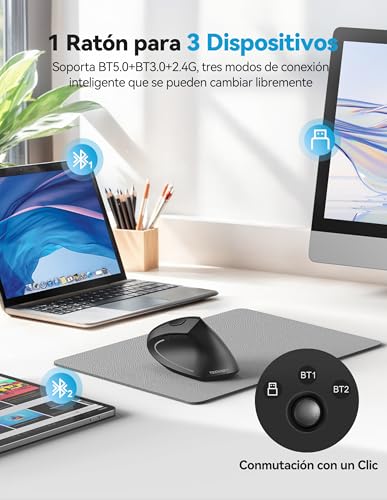 TECKNET Ergonomic Bluetooth Mouse, Rechargeable Wireless Vertical Mouse (BT 5.0/3.0 + 2.4G), 6 Levels of Adjustment up to 4800 dpi, Silent Optical Wireless Mouse for Windows, Mac, Laptop