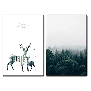 2 Panel Canvas Wall Art - Double Exposure Style Deers and Forest - Giclee Print Gallery Wrap Modern Home Art Ready to Hang - 16"x24" x 2 Panels