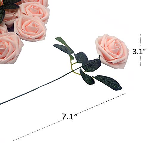 Lmeison Artificial Flower Rose, 50pcs Real Looking Artificial Roses w/Stem for Bridal Wedding Bouquets Centerpieces Baby Shower DIY Party Home DÃ©cor, Blush with 4 Leaves