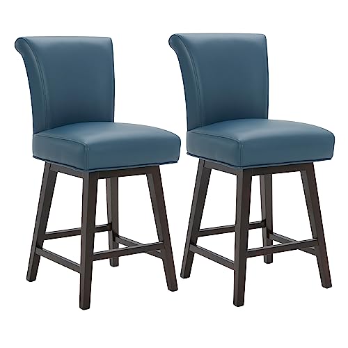 CHITA 26 Inch Counter Height Swivel Bar Stools Set of 2, FSC Certified Modern Upholstered Faux Leather Swivel Barstool Chair with Back, Blue