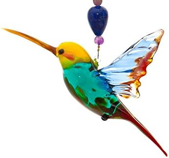 8" Hanging Collectible Murano Glass Yellow Headed Hummingbird Ornament with Lapis and Amethyst Beading - Great Christmas Gift