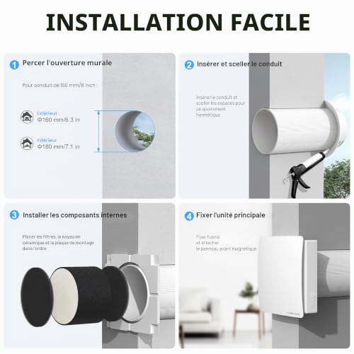 Decentralized VMC 150 mm with Ceramic Heat Recovery, Dual Wall Flow VMC for Single Room, WiFi & Remote Control, Silent EC Motor, 65 s Automatic Cycle