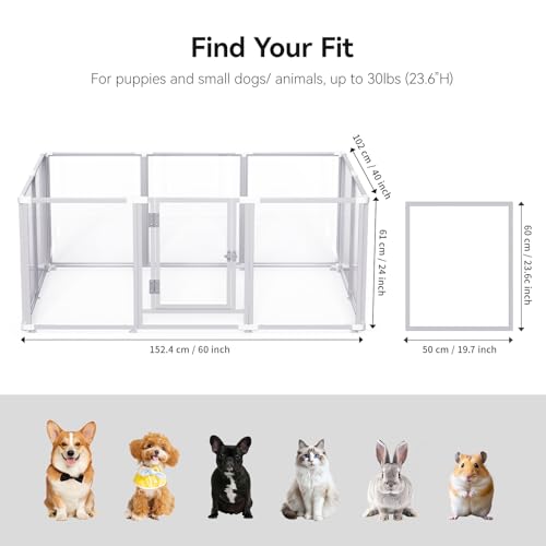 Homelio 10 Panel Acrylic Indoor Dog Playpen, Height: 60 cm, Dog Pen with Door, Metal Frame, Sturdy, Easy to Install, Suitable for Small Dogs, Puppies, Rabbits, White
