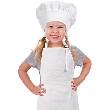 CRJHNS Kids Apron and Chef Hat Set, Adjustable Cotton Child Apron with Large Pocket White Boys Girls Bib Apron for Cooking Painting Baking (Large, White)