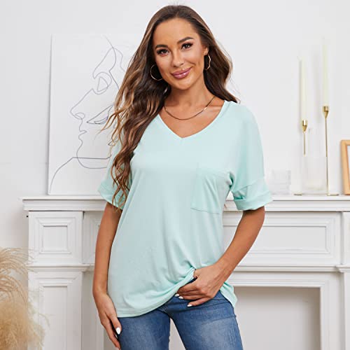 HELLOPOPGO WOMENS T SHIRTS SHORT SLEEVE LOOSE TEE TOPS CASUAL V NECK TSHIRTS (X-LARGE,LM01_LIGHT GREEN)