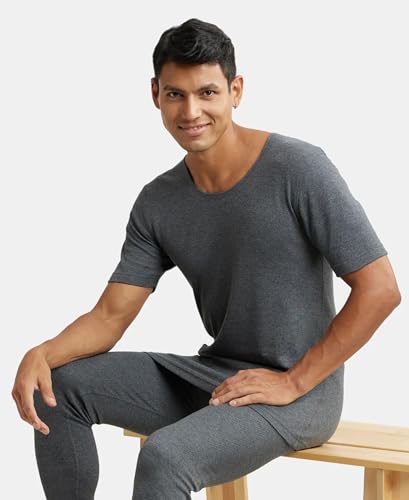 Jockey 2400 Men's Super Combed Cotton Rich Half Sleeved Thermal Undershirt with Stay Warm Technology_Charcoal Melange_S 4