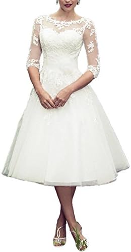 Onlylover Women's Lace Short Tea Length Wedding Dress For Bride With Sleeves US14 White