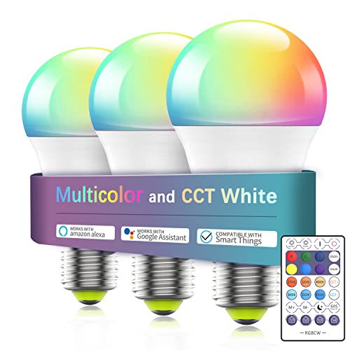 Smart Light Bulbs Alexa Color Changing LED Bulb with Remote, WiFi Smart Bulbs Dimmable A19 E26 9w (80W Equivalent), Support Bluetooth, Work with Alexa Google Home Siri Shortcut, No Hub Required 3 Pack