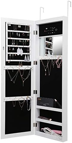 Amoiu Jewelry Cabinet Wall Mount Over Door Jewelry Armoires Storage, with 15 LED Light Megnet Close Full Length Door Mirror,Cosmetic Makeup Storage Compartments- Inside Mirror