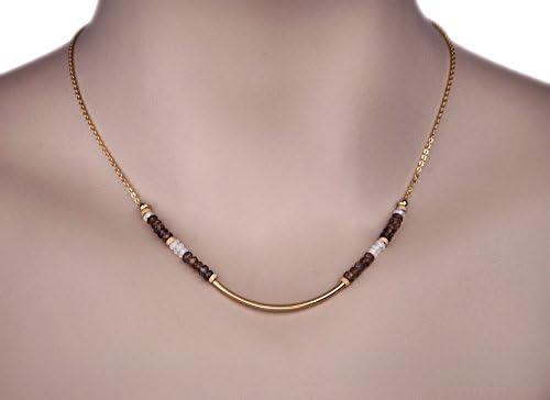 14K Gold Filled Tube Necklace, Brown &amp; White Natural Gemstones, 14K Gold Filled Flat Curb Chain, LLD Jewelry