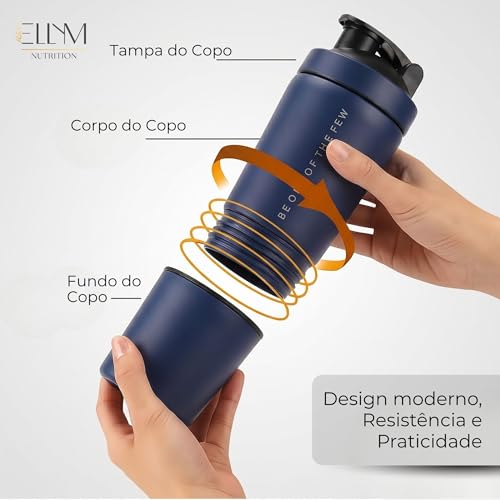 Coqueteleira Aço Inox 600ml com Compartimento Inferior ELLYM NUTRITION Misturador Ideal Shakes (Azul)