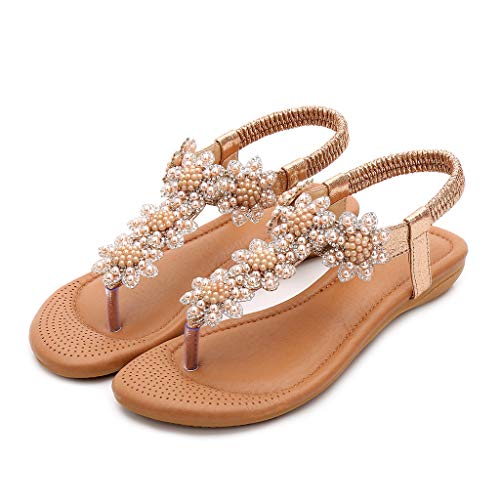 Cenglings Women Casual Clip Toe Rhinestone Pearl T-Strap Sandals Casual Wedges Elastic Band Bohemian Beach Shoes Khaki