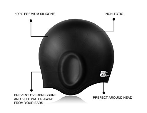 Wigoo Long Hair Swim Cap 2 Pack, 2019 Thicker Design, Waterproof Silicone Swimming Cap for Adult Woman and Men(Black+Blue)