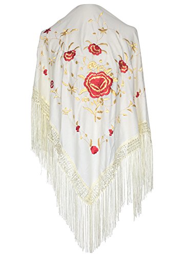 La Senorita Spanish Flamenco Dance Shawl cream white gold red flower