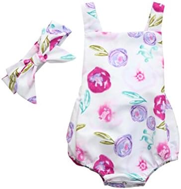 Fartido Romper Baby Girl Floral Backless Sleeveless Jumpsuit Headband Outfits