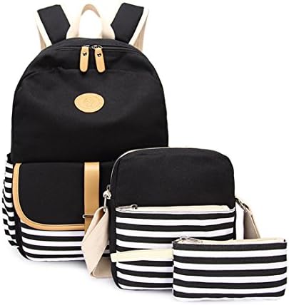 Debbieicy Cute Canvas 3ps Backpack Shoulder Bag Clutch Bag School bags Set for Teens Color Stripe-Black