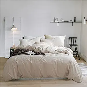 EAVD Modern Style Beige Duvet Cover Full/Queen Soft 100% Washed Cotton Beige Bedding Set with 2 Pillowcases Simple Solid Color Beige Comforter Set with Zipper Closure