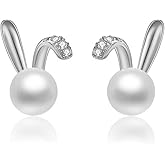 SLUYNZ 925 Sterling Silver Easter Rabbit Bunny Studs Earrings for Women Teen Girls Pearl Rabbit Earrings Studs