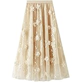 CosSky Womens Foral Tulle Skirt Elastic High Wasit Embroidery Floral Mesh Tutu A-Line Midi Skirts