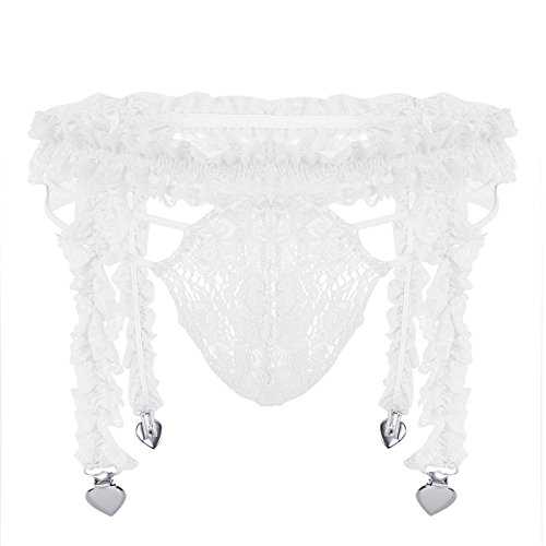 MSemis Men's 2 Piece Lingerie Set Ruffled Lace Sissy Frilly Heart Clips Garter Belt with G-String Thongs White Medium (Waist 29.0"-57.0")