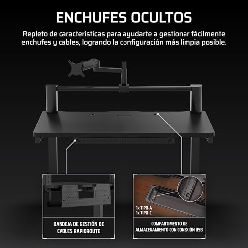 Platform:4 – 120 cm x 76 cm, Altura Fija, Escritorio de Pie para Juegos de Oficina, Cables Escritorio, Alimentación USB, Brazo para Monitor Incluido – Negro