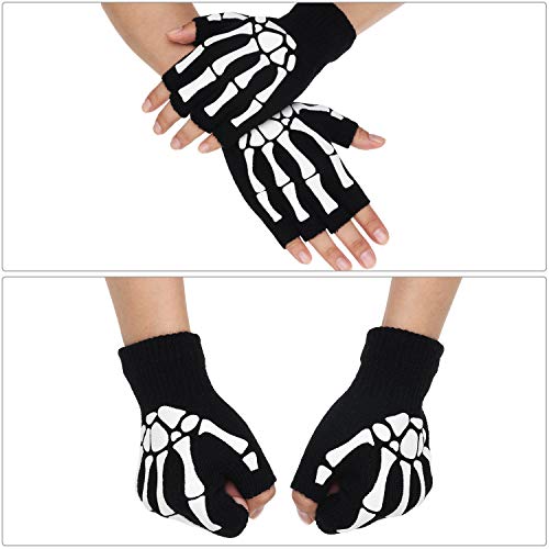 SATINIOR 4 Pairs Skeleton Fingerless Gloves for Women Men Halloween