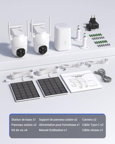 BOOPEX 2K Outdoor Surveillance Camera with Solar Battery, 2 Camera Kit with Base Station, 360° PTZ Wireless Camera with 32G Local Memory, No Charge, AI Detection, Vision