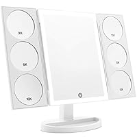 [2019 X-Large 3-Color Lighted Model] Trifold Vanity Makeup Mirror with 44 LED Lights and Dual Magnifying Panels (3X/5X/10X), Dual Power Supply and 360° Rotatable (White)