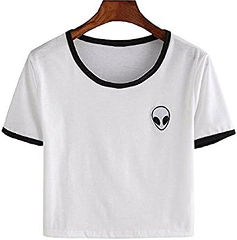 Lannorn Womens 7 Colors Funny Alien Print Exposed Navel T Shirts Round Neck Short Sleeve Blouse Summer Cropped Top Shirt,US M/Tag XL,White
