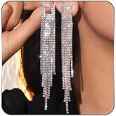 Rhinestone Tassel Earrings Sparkly Long Fringe Crystal Chandelier Dangle Drop Earrings Wedding Party Prom Earrings Premium Iridescent Earrings Wedding Party Jewelry Gifts for Women