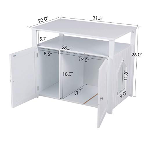 Good Life Double-Door Pet Crate Cat Washroom Hidden Cat Litter Box Enclosure Furniture Cat House Right/Left Side Entrance Selectable with Table Home Nightstand Large Box White Color