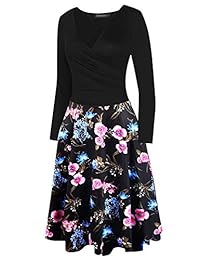 Demetory - Vestido de té con bolsillo para mujer, diseño retro cruzado con cuello en V, manga 3 4, estilo floral, con compartimento