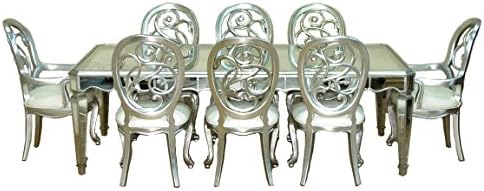 9 Pc 8Ft Silver Leaf French Style Mirrored Rectangular Table w/ 8 Chairs Dining Set