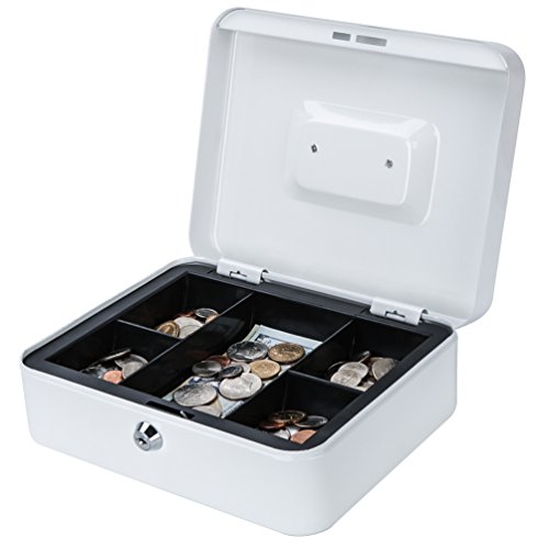 Metal Cash Box with Money Tray, Decaller Money Box with Key Lock for Security (White, Medium - 9 4/5" x 7 4/5" x 3 1/2"), QH2507M