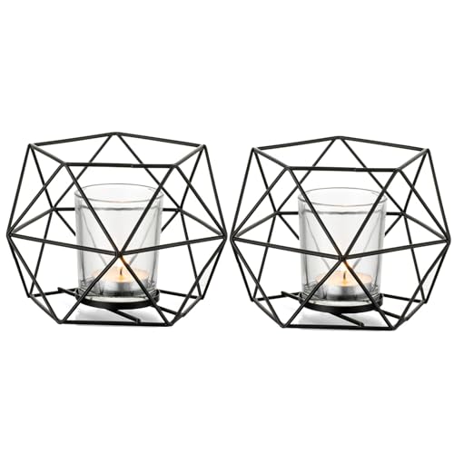 Romadedi Candle Holders Gold Geometric Decor - Tealight Holder for Tea Lights Decorative Candle Stand Accents for Home Table Shelf Mantel Modern Geo Decoration, Wedding Reception Décor, Black, 2pcs