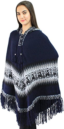 Women's Alpaca Wool Hooded Poncho Cape Knit Yarn Coat Llamas Design (Navy Blue)