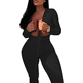 Azhong Women's Sexy Cut Out Bodycon Jumpsuit Lace Up Front V Neck One Piece Outfit Long Sleeve Rompers