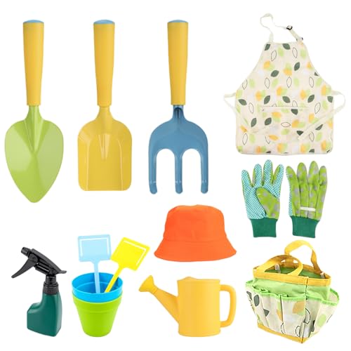 Abibiocy Kids Gardening Set, 11PCS Toddler Gardening Set Including Shovel, Rake, Watering Pot, Gloves, Apron, Hat, Flowerpot ＆ Tote Bag, Kids Tools for Boys Girls Toddler
