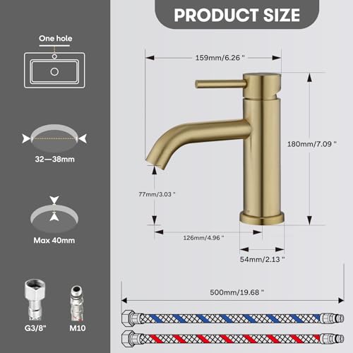 DETBOM Gold Basin Mixer Tap, Adjustable Hot and Cold Washbasin Tap, Stainless Steel, Removable Aerator, Lead Free, Brushed Gold