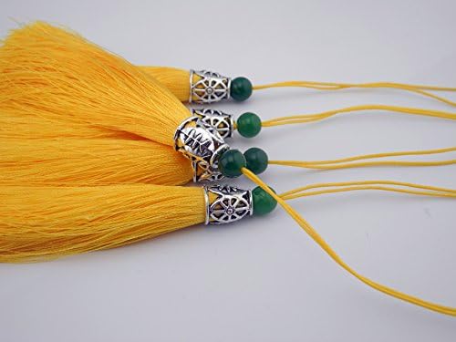 10pcs 3.6''(9.0cm) Soft Silk Tassels for Jewelry with Hollowed Antique Silver Cap and Jade Beads (Yellow )