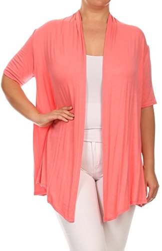 2LUV Plus Women's Plus Size Short Sleeve Long Body Open Front Cardigan Coral 2XL
