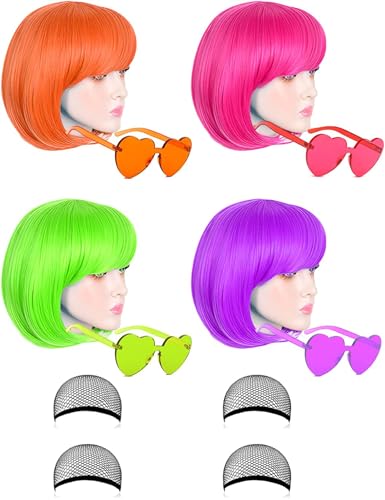 KOWVOWZ Colored Wigs, Funky Colorful Wigs, Short Bob Hair Wigs, Neon Party Wigs, Cosplay Wigs with Rimless Heart Shape Sunglasses, One Size for All Women Kids & Adults Costume Night Club(4 Pack)